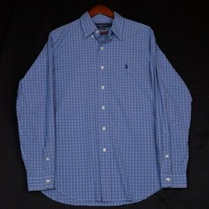 Ralph Lauren Button Down Shirt Mens L Blue Check Classic Fit Long‎ Sleeve Cotton